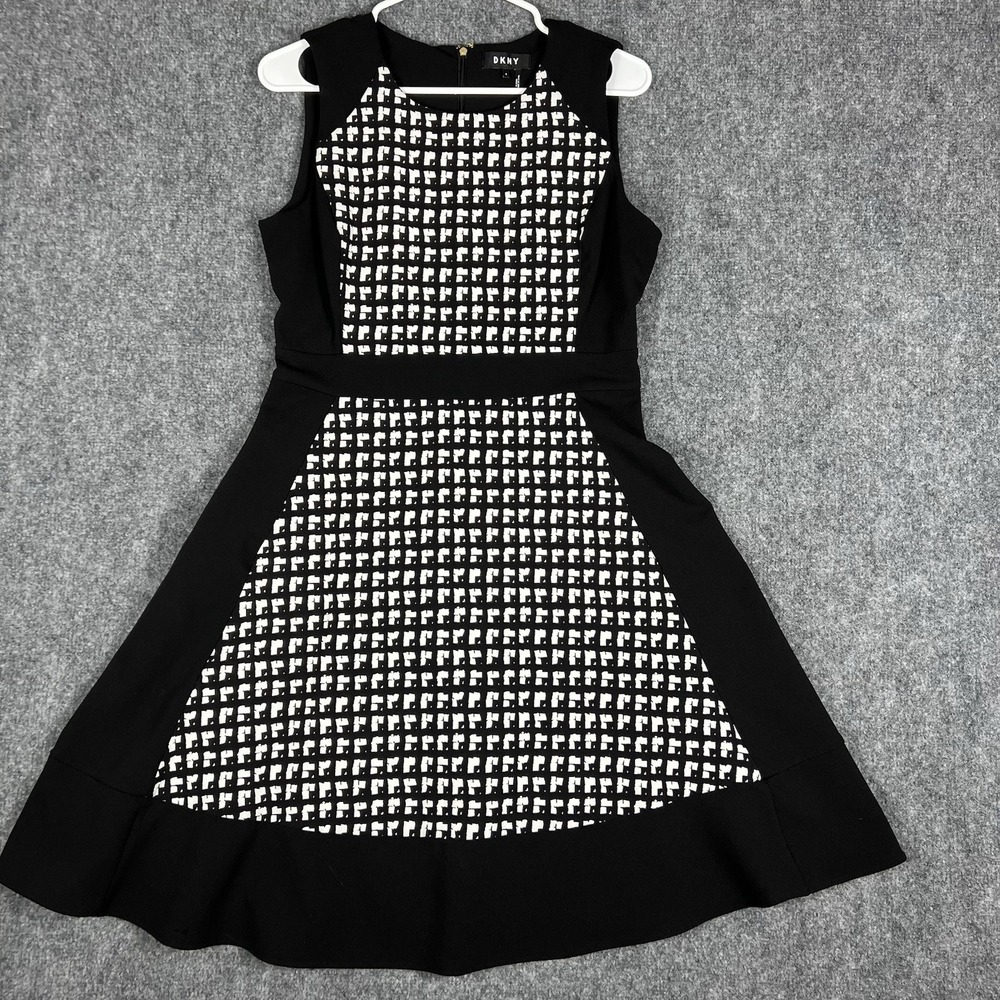 DKNY Black White Fit Flare Dress Womens Size 8 Sleeveless Career Office Midi
